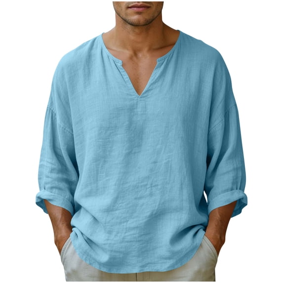 BVnarty Men's Solid Color Cotton-Linen Blend Long Sleeve Notched V-Neck T-Shirt Regular Fit Casual Summer Daily Wear Layering Top Light Blue XL