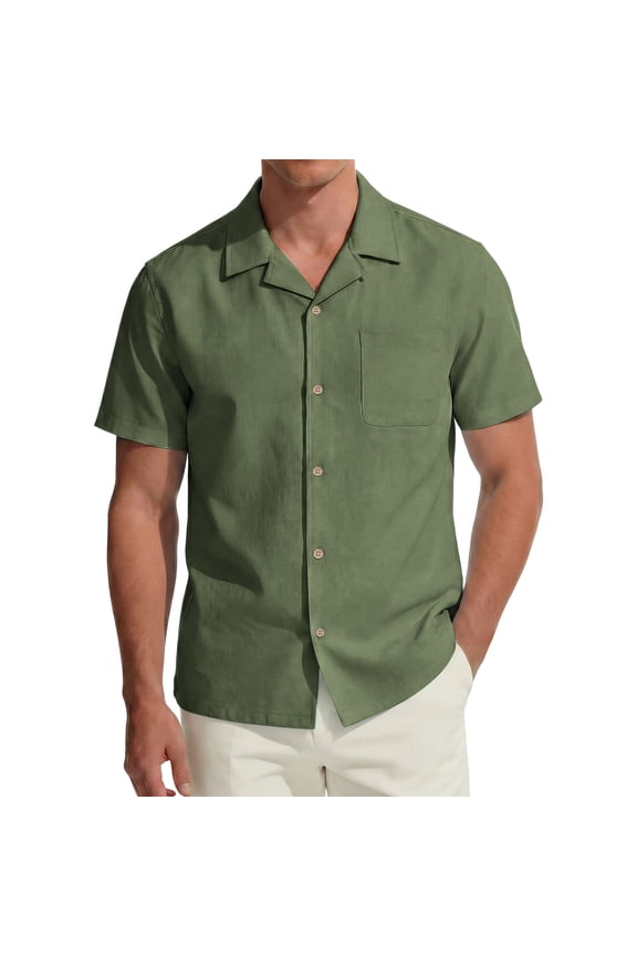 Men's Solid Color Cotton-Linen Blend Short Sleeve Camp Collar Button Down Casual Shirt with Chest Pocket Breathable Summer Streetwear Regular Fit Outing Top Army Green M