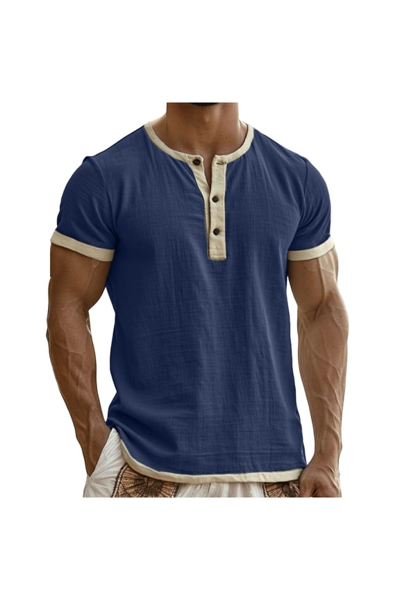 Men's Solid Color Cotton-Linen Blend Short Sleeve Crew Neck Henley T-Shirt Button Placket Casual Summer Beach Wear Daily Outing Top Navy S