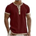 thumbnail image 1 of BVnarty Men's Solid Color Cotton-Linen Blend Short Sleeve Crew Neck Henley T-Shirt Button Placket Casual Summer Beach Wear Daily Outing Top Wine M, 1 of 6