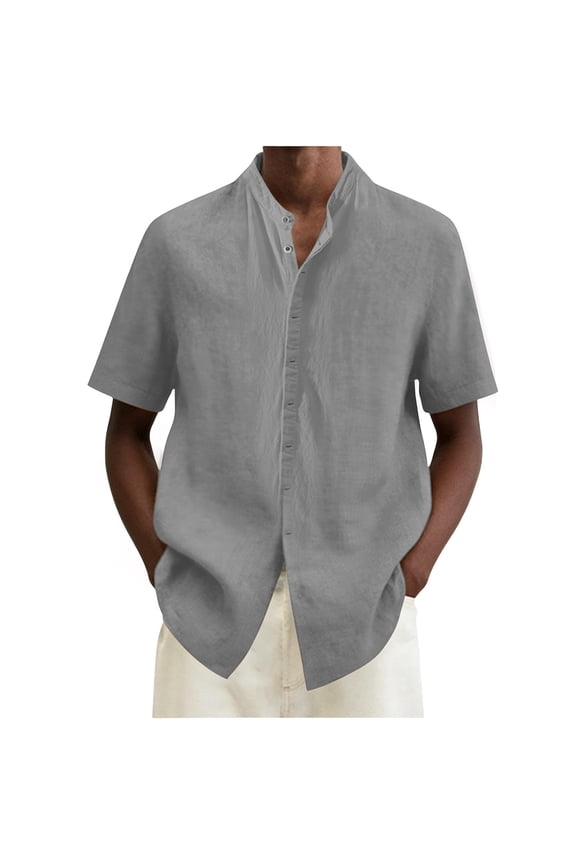 Men's Solid Color Cotton-Linen Blend Short Sleeve Stand Collar Button Down Casual Shirt Loose Fit Summer Beach Vacation Casual Streetwear Top Gray XL