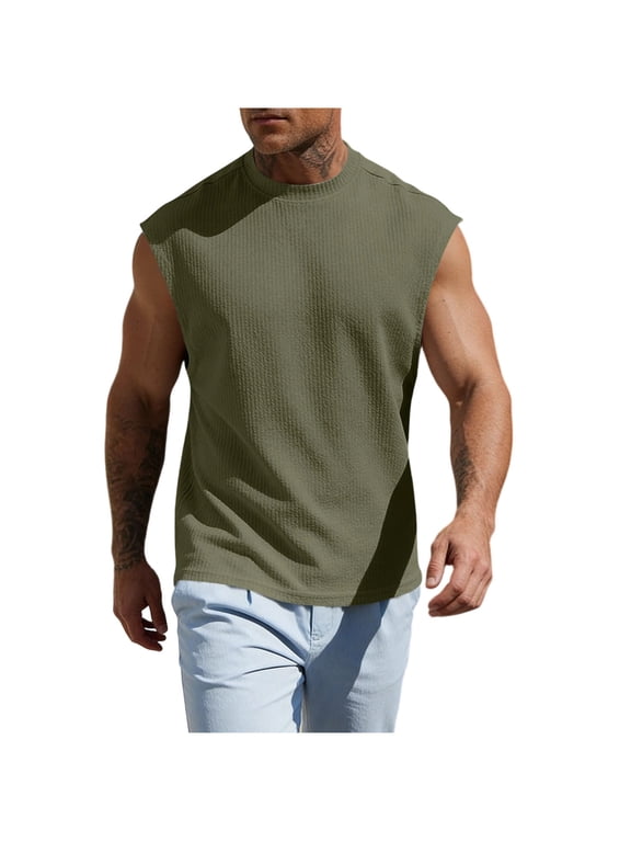 Men's Solid Color Crew Neck Sleeveless Tank Top Basic Casual Summer Daily Wear Gym Workout Breathable Muscle Tee Army Green XL