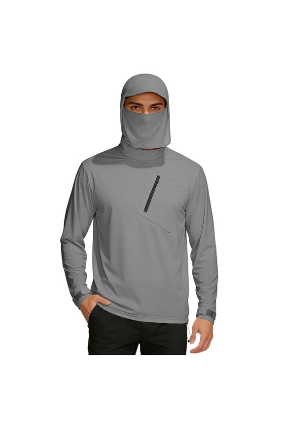 Men's Solid Color Long Sleeve Hooded Sun Protection Shirt with Chest Pocket Ice Silk Quick Dry UPF50+ Summer Fishing Hiking Outdoor Top Gray L