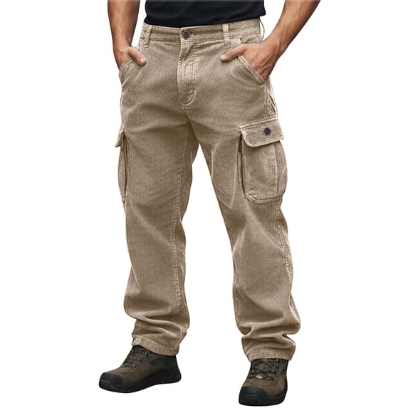 BVnarty Men's Solid Corduroy Cargo Long Pants Button Closure Casual Relaxed Fit Vintage Style Trousers with Side Pockets Khaki L