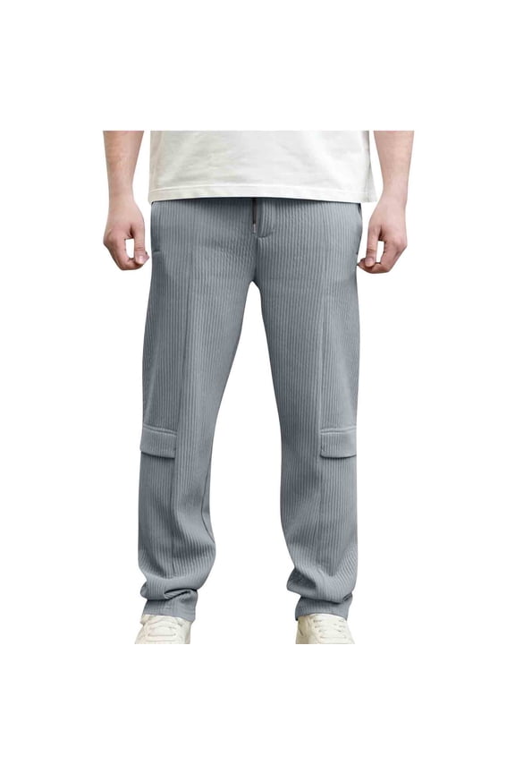 Men's Solid Corduroy Straight Leg Long Pants Drawstring Elastic Waist with Side Pockets Retro Daily Urban Casual Trousers Gray M