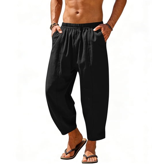 BVnarty Men's Solid Cotton Linen-Look Beach Pants Loose Elastic Waist Boho Style Relaxed Long Trousers with Daily Side Pockets Black XL