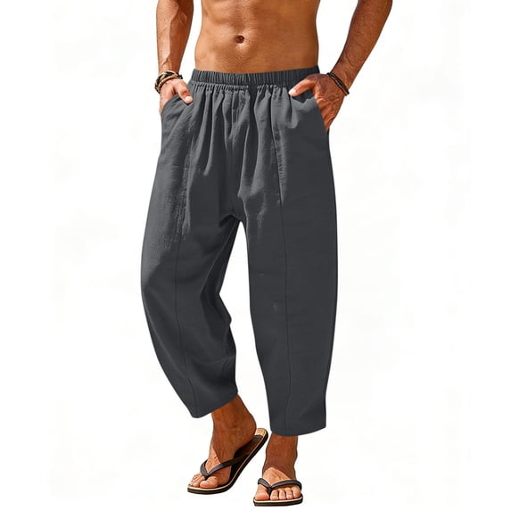 BVnarty Men's Solid Cotton Linen-Look Beach Pants Loose Elastic Waist Boho Style Relaxed Long Trousers with Daily Side Pockets Gray XL