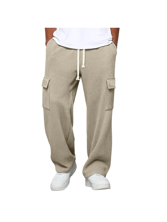 Men's Solid Daily Lifestyle Sweat Bottoms, Elastic Drawstring Waist Casual Trousers with Pockets for Everyday Men's Outfits Khaki M
