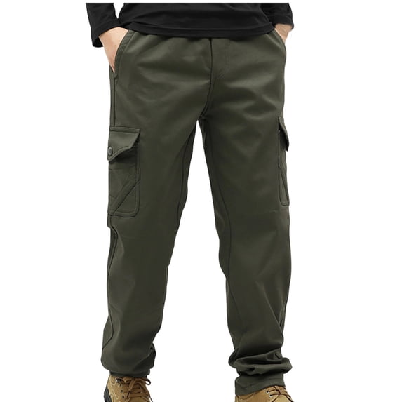 BVnarty Men's Solid Fleece Lined Hiking Long Pants Elastic Drawstring Waist with Pockets Warm Thickened Outdoor Winter Casual Trousers Army Green XXXXXL