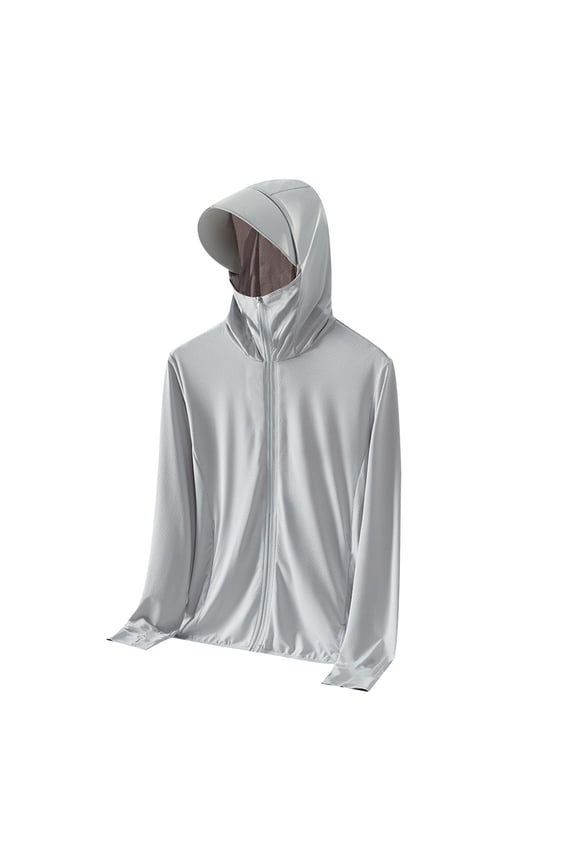 Men's Solid Full Face Cover Drawstring Hooded Quick Dry UV Protection Jacket, Breathable Outerwear for Cycling Running Gray S