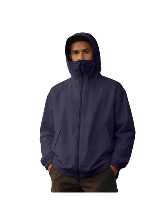Men's Solid Full Face Cover Hooded Quick Dry Jacket, Wind Resistant Outerwear for Running Camping & Trekking Dark Blue XS