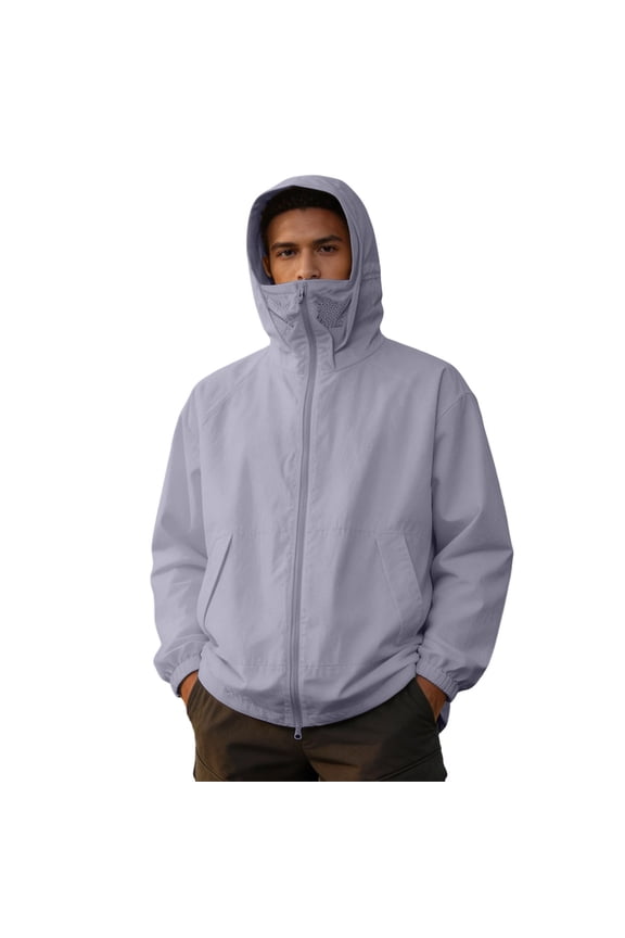 Men's Solid Full Face Cover Hooded Quick Dry Jacket, Wind Resistant Outerwear for Running Camping & Trekking Purple L