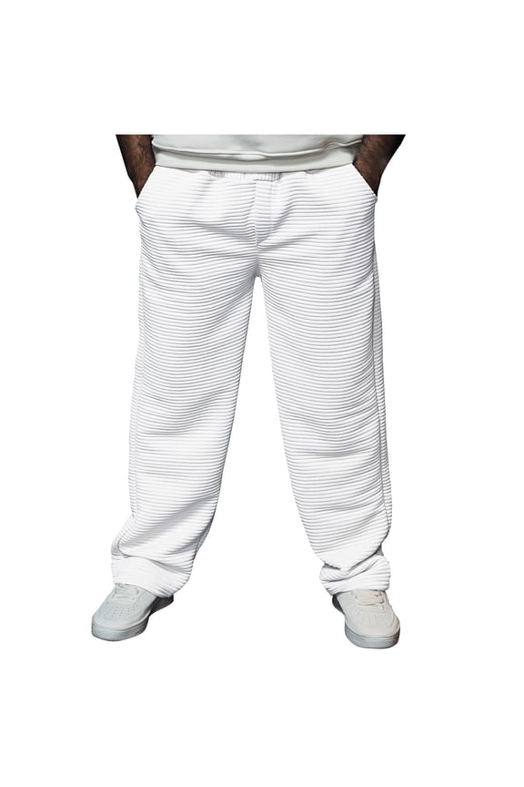 Men's Solid Jacquard Striped Wide Leg Long Pants Textured Straight Leg Loose Fit Fashion Streetwear Daily Casual Trousers White XXXL