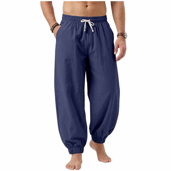 BVnarty Men's Solid Linen Beach Jogger Pants Loose Drawstring Elastic Waist Casual Long Trousers with Pockets for Vacation Outdoor Navy XXL