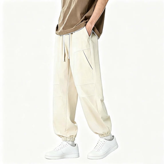 BVnarty Men's Solid Loose Tapered Jogger Pants Elastic Waist Relaxed Cut Ankle Cuff Long Trousers for Casual Sports Daily Trendy Wear Beige XL