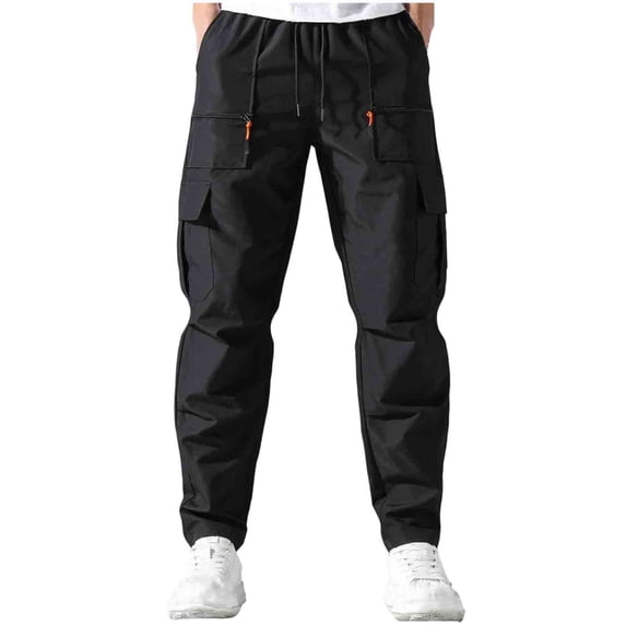 BVnarty Men's Solid Multi Zipper Pocket Sports Pants Elastic Waist Inner Drawstring Functional Pockets Long Trousers for Outdoor Athletic Activity Black XL