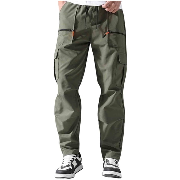 BVnarty Men's Solid Multi Zipper Pocket Sports Pants Elastic Waist Inner Drawstring Functional Pockets Long Trousers for Outdoor Athletic Activity Green L