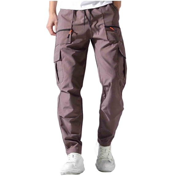 BVnarty Men's Solid Multi Zipper Pocket Sports Pants Elastic Waist Inner Drawstring Functional Pockets Long Trousers for Outdoor Athletic Activity Pink S