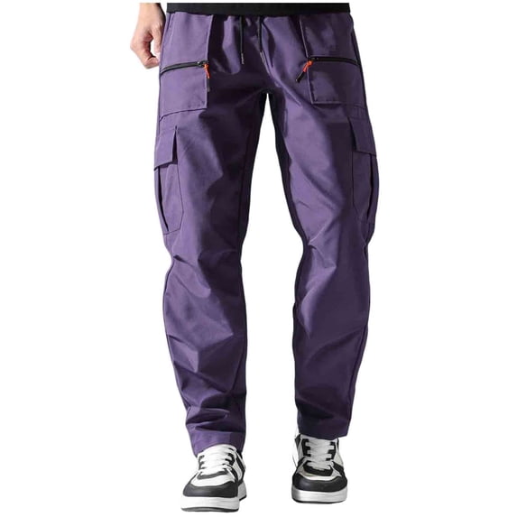 BVnarty Men's Solid Multi Zipper Pocket Sports Pants Elastic Waist Inner Drawstring Functional Pockets Long Trousers for Outdoor Athletic Activity Purple L