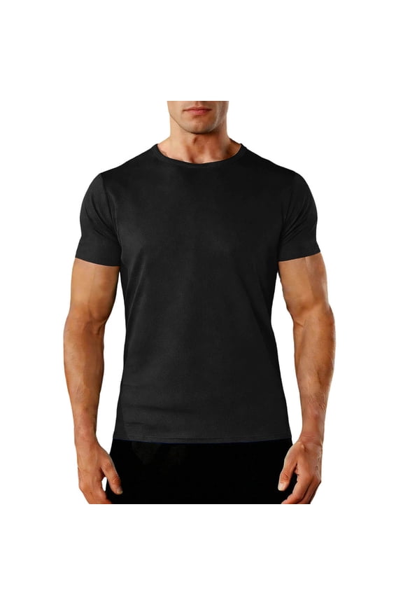 Men's Solid Performance Crew Neck Short Sleeve T‑Shirt, Quick‑Dry Breathable Basketball Gym Tops Black L