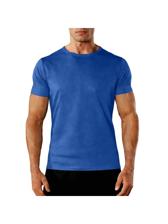 Men's Solid Performance Crew Neck Short Sleeve T‑Shirt, Quick‑Dry Breathable Basketball Gym Tops Blue XXXL