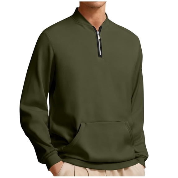 BVnarty Men's Solid Quarter Zip Stand Collar Kangaroo Pocket Sweatshirt, Thick Pullover for Frigid Fall Winter Sports and All-Day Casual Layering Army Green XXXXL