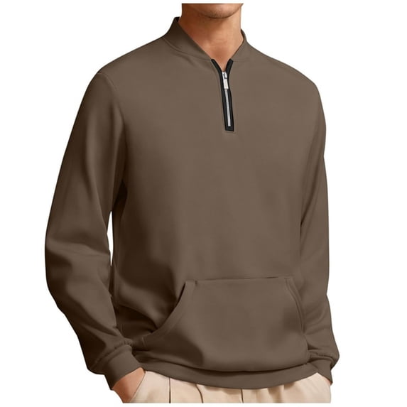 BVnarty Men's Solid Quarter Zip Stand Collar Kangaroo Pocket Sweatshirt, Thick Pullover for Frigid Fall Winter Sports and All-Day Casual Layering Brown L