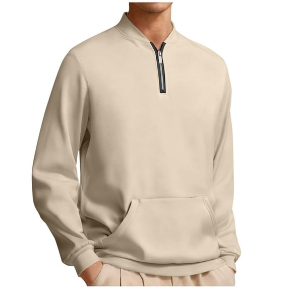 BVnarty Men's Solid Quarter Zip Stand Collar Pocket Sweatshirt, Thickened Pullover for Autumn Winter Daily Basics and Versatile Layered Outfits Khaki XXL