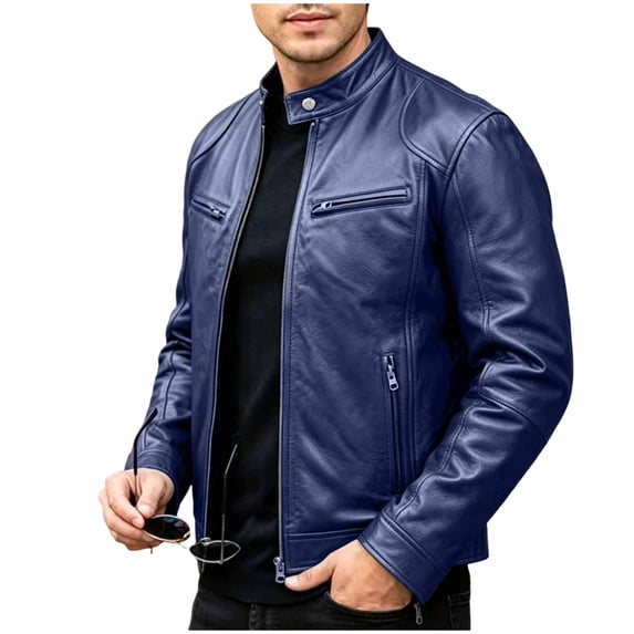 BVnarty Men's Solid Stand Collar Multi Zip PU Moto Leather Jacket, Long Sleeve Outerwear for Street Style & Night Daily Wear Dark Blue XXXL