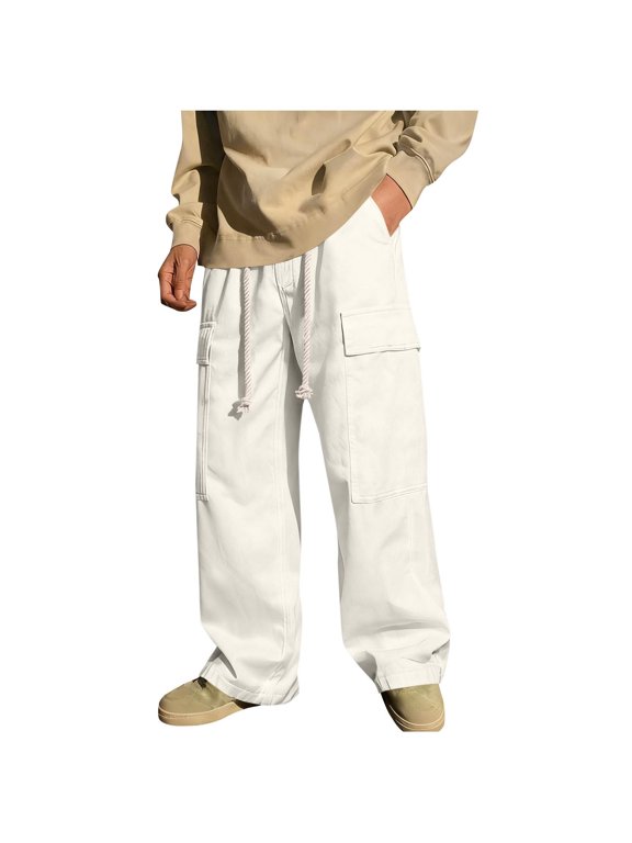 Men's Solid Streetwear Cargo Bottoms, Multi-Pocket Straight Leg Trousers with Elastic Waist & Drawstring for Outdoor & Urban Style White XL