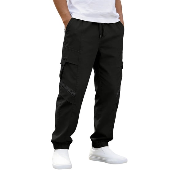 BVnarty Men's Solid Urban Street Cargo Pants Elastic Waist Fixed Drawstring Multi Pocket Loose Fit Long Trousers for Trendy Daily Casual Look Black L