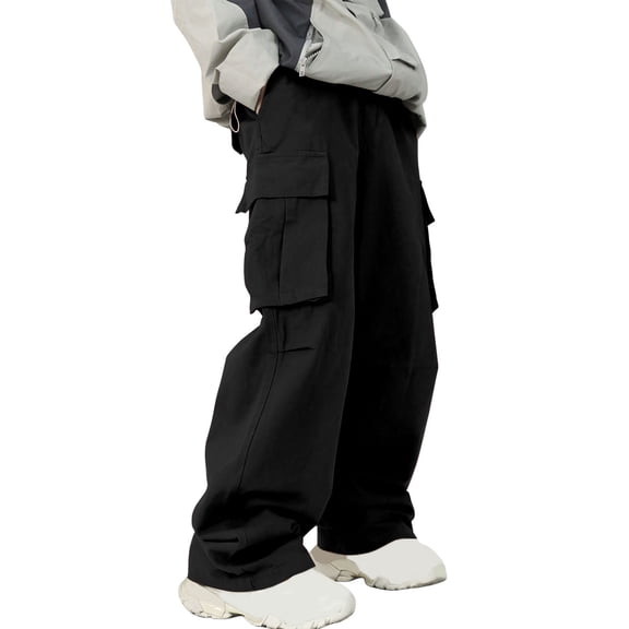 BVnarty Men's Solid Utility Cargo Pants, Elastic Drawstring Waist Multi-Pocket Work Trousers for Jobs & Outdoor Projects Black S