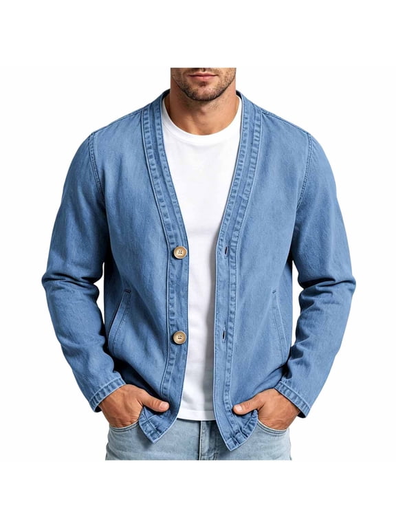 Men's Solid V Neck Button Down Washed Denim Jacket, Long Sleeve Casual Outerwear for Daily Strolls & Weekend Outings Blue M