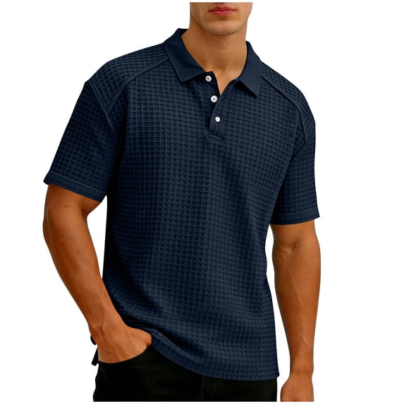 BVnarty Men's Solid Waffle Knit Fold Over Collar Short Sleeve Top Breathable Relaxed Fit Casual Shirt for Summer Daily Outdoor Wear Navy XXL