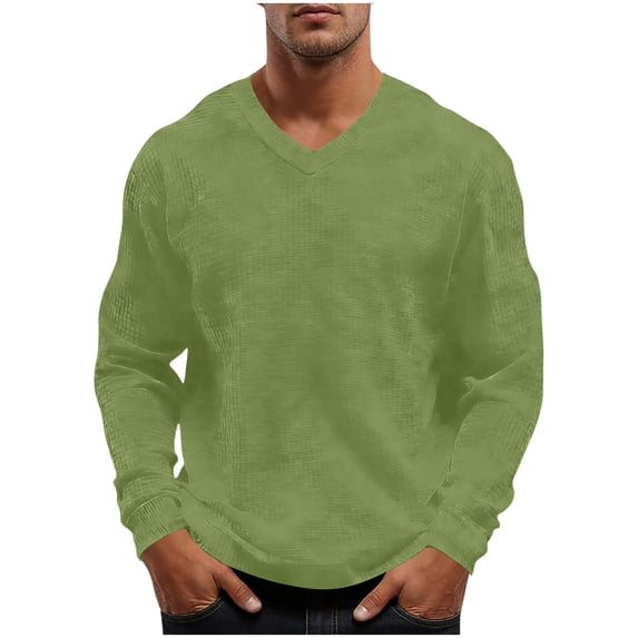 BVnarty Men's Solid Waffle Knit Stretch V-Neck Long Sleeve Top Breathable Relaxed Fit Casual Shirt for Summer Home Daily Outdoor Leisure Outfit Mint Green XL