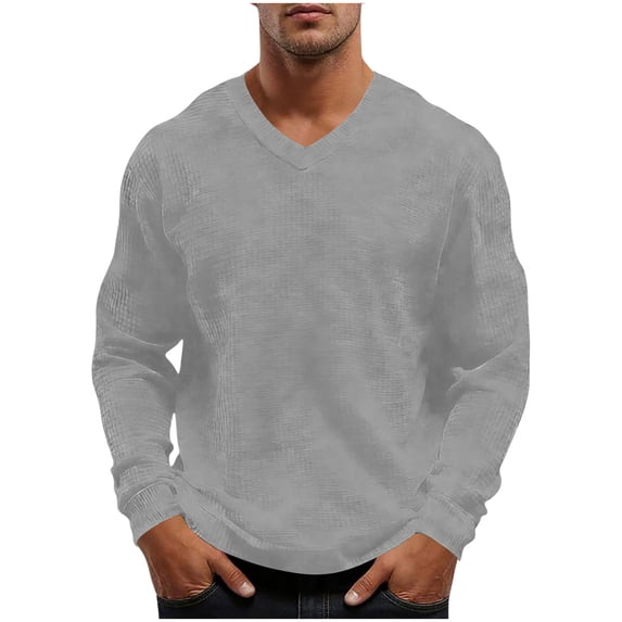 BVnarty Men's Solid Waffle Knit V-Neck Long Sleeve Pullover Top Stretch Loose Casual Shirt for Summer Indoor Home Outdoor Light Activity Wear Gray XXXL