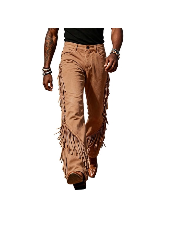 Men's Solid Western Retro Pants, Fringe Detail & Button Closure Straight Leg Trousers for Vintage Outdoor Styling Brown S