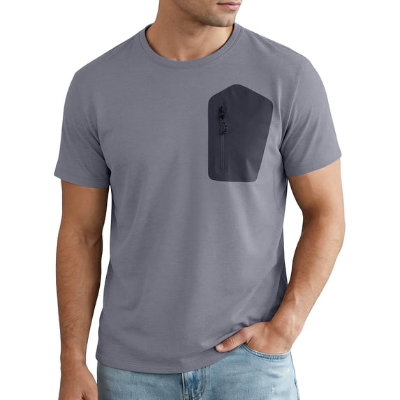 BVnarty Men's Solid Zipper Pocket Crew Neck Short Sleeve T‑Shirt, Quick‑Dry Outdoor Casual Workout Tops Gray XXXL