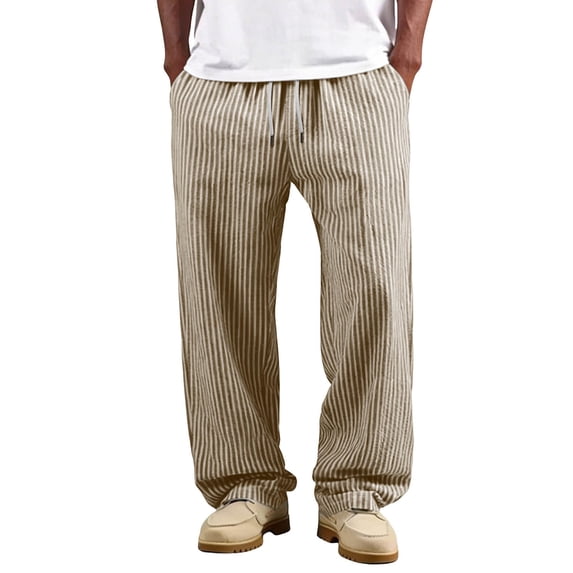 BVnarty Men's Striped Color Block Cotton Linen Pants, Elastic Waist Drawstring Casual Fashion Straight & Wide Leg Trousers with Pockets Khaki XL