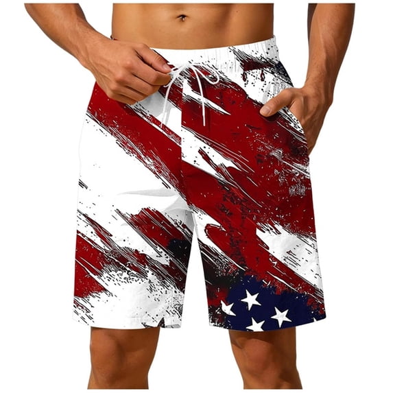 BVnarty Men's Summer Comfort Holiday Printed Shorts, 4th of July Theme Design, Quick Dry Elastic Drawstring Waist Men's Board Shorts Wine L
