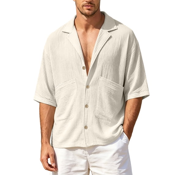 BVnarty Men's Summer Cuban Collar Short Sleeve Button Shirt Pocket Design Casual Loose Beach Vacation Outdoor Daily Top Beige XL