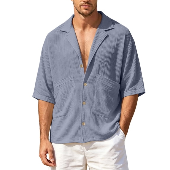 BVnarty Men's Summer Cuban Collar Short Sleeve Button Shirt Pocket Design Casual Loose Beach Vacation Outdoor Daily Top Gray XXXL