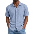 thumbnail image 1 of BVnarty Men's Summer Linen-Like Solid Short Sleeve Button Down Shirt Double Pocket Design Retro Casual Outdoor Vacation Fashion Top Light Blue S, 1 of 8