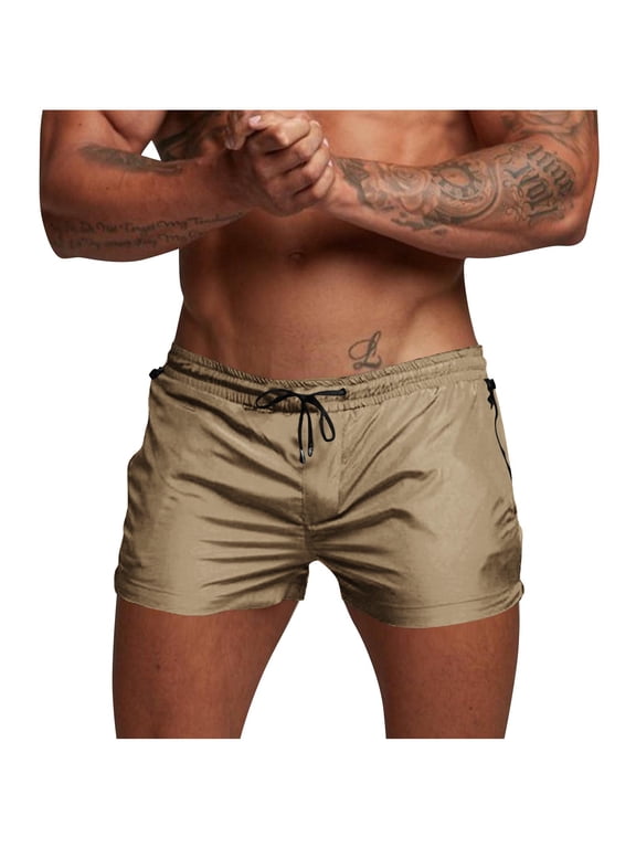 Men's Summer Mesh Lined Athletic Shorts Solid Color Zipper Pockets Design Breathable Outdoor Gym Fitness Running Short Pants Khaki S
