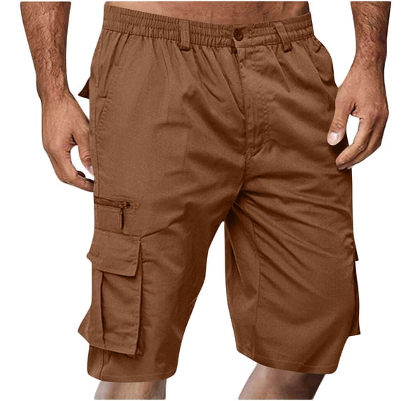 BVnarty Men's Summer Outdoor Cargo Shorts Zipper Button Functional Pockets Solid Elastic Waist Loose Fit Daily Casual Five Shorts Coffee XL