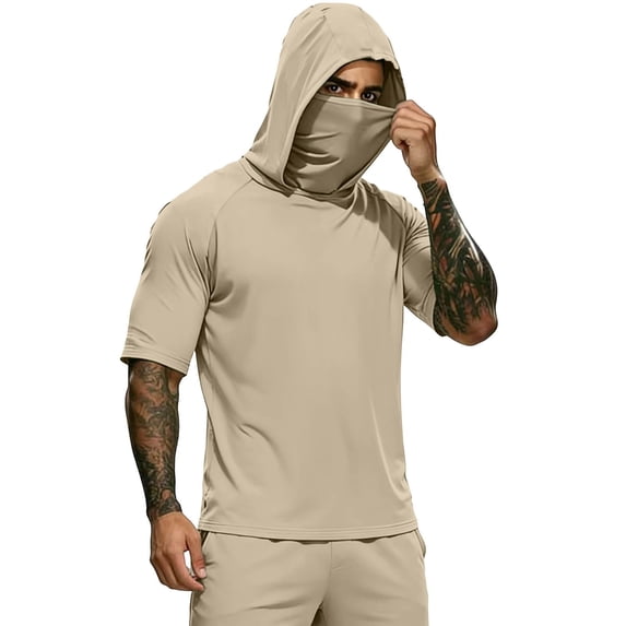 BVnarty Men's Summer Solid Short Sleeve Hooded Mask Top Elastic Quick Dry Casual Athletic Outdoor Sun Protection Daily Tee Khaki XXXL
