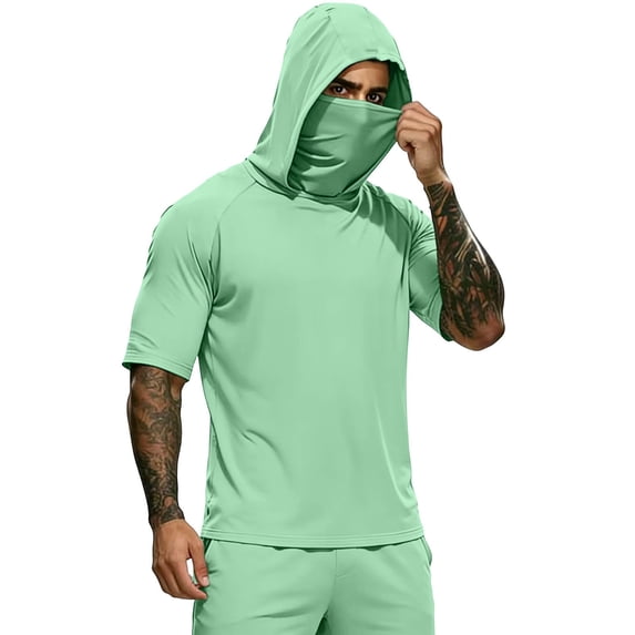 BVnarty Men's Summer Solid Short Sleeve Hooded Mask Top Elastic Quick Dry Casual Athletic Outdoor Sun Protection Daily Tee Mint Green XL