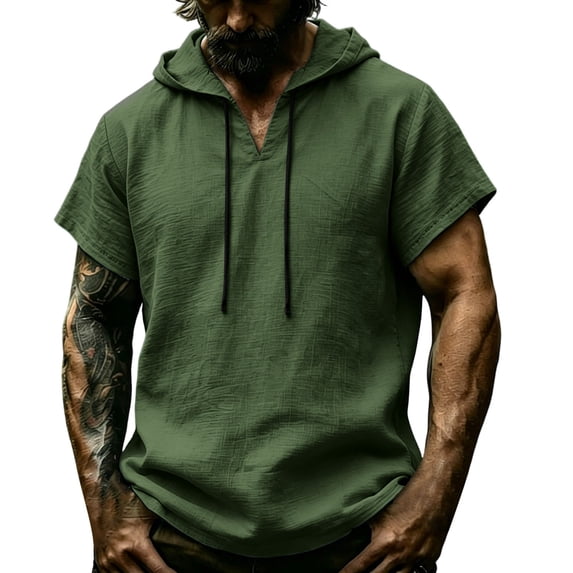 BVnarty Men's Summer Solid V Neck Short Sleeve Hooded Linen-Like Top Casual Street Vacation Daily Lightweight Fashion Tee Green XXL
