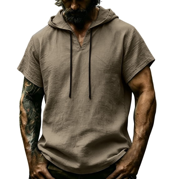 BVnarty Men's Summer Solid V Neck Short Sleeve Hooded Linen-Like Top Casual Street Vacation Daily Lightweight Fashion Tee Khaki M