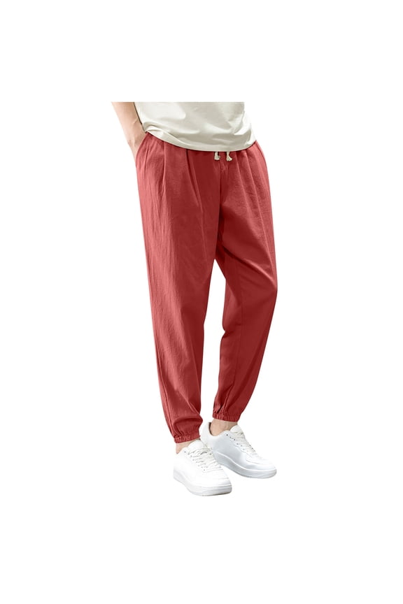 Men's Tapered Cuff Jogger Pants Solid Color Elastic Drawstring Waist Pockets Comfortable Daily Athletic Bottoms Red M